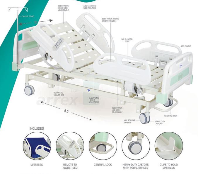 HOSPITAL BED ICU 5 FUNCTION MOTORISED WITH MATTRESS EXCELSIOR ARREX